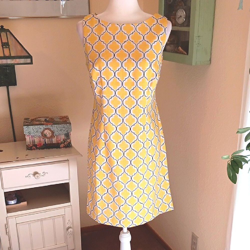 R & K Yellow Moroccan Latice Patterned Sleeveless Dress. Sunny. Career.